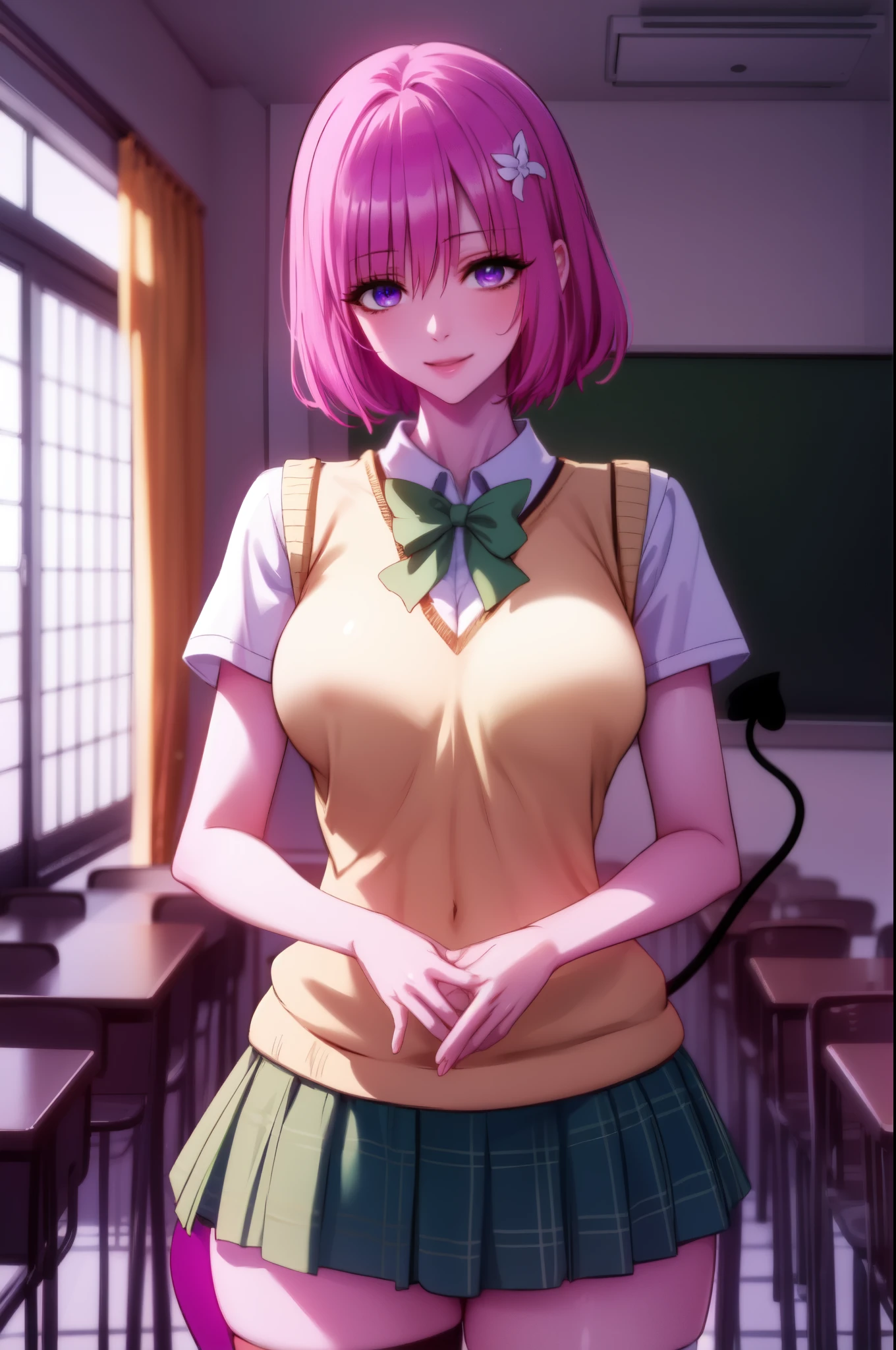 momodevilluke, momo deviluke, demon tail, hair flower, hair ornament, (purple eyes:1.1), pink hair, short hair, tail, smile, BREAK demon tail, green skirt, plaid, plaid skirt, sainan high school uniform, , skirt, sweater vest, thighhighs, (yellow sweater:1.5), short sleeves, bow, (green bow:1.5), BREAK indoors, classroom, BREAK looking at viewer, (cowboy shot:1.5), BREAK (masterpiece:1.2), best quality, high resolution, unity 8k wallpaper, (illustration:0.8), (beautiful detailed eyes:1.6), extremely detailed face, perfect lighting, extremely detailed CG, (perfect hands, perfect anatomy),