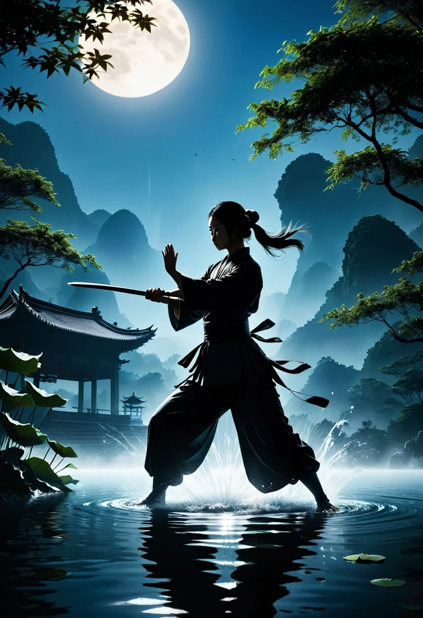 (纯Black silhouette,Heroine fighting silhouette:1.5),(fighting stance，Strong dynamics:1.4),On the Lake，High contrast, light, mysterious atmosphere,，lotus，Lotus Leaf，ripple，(Water splash;1.4)，A moon，Strong dynamics，martial arts，effort，Black silhouette，Extreme backlight shooting,照片上呈现出Black silhouette(No color or detail),High contrast against bright background