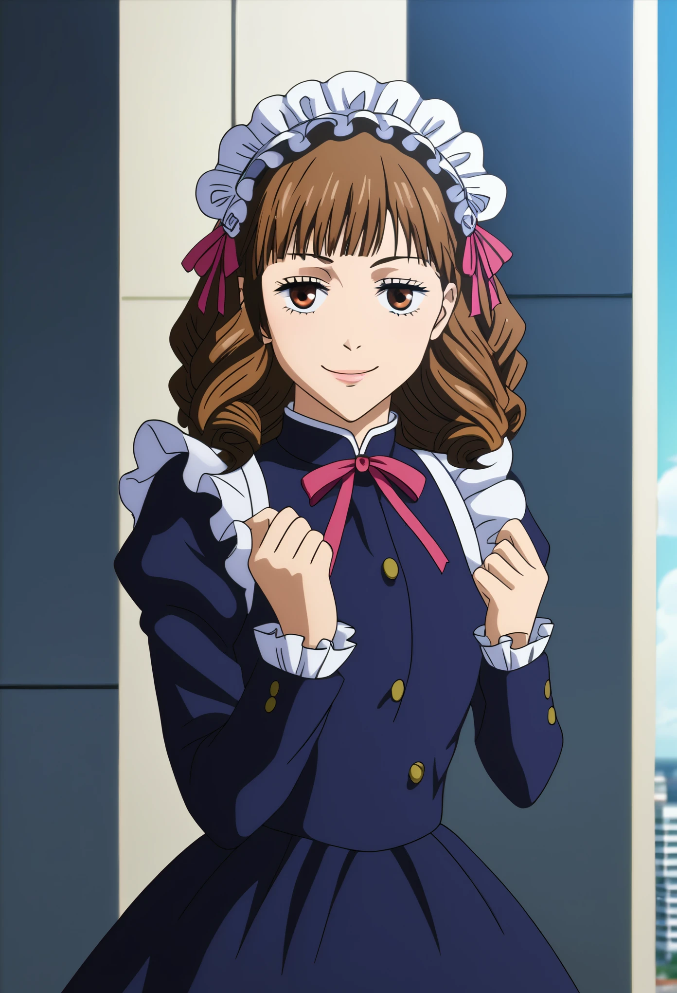 {8k image}, beautiful girl, dark brown hair, brown eyes, city background, noon, bright lighting, realistic shadows, anime screencap, jujutsu kaisen art style, sweet lolita fashion, white and pastel pink lolita dress, frilly dress, detailed, facing the viewer, pretty face, smirking, pretty, lolita ribbon headdress, lip gloss, chin length hair with fringe, half body shot, mappa, jujutsu kaisen season 2, detailed frilly dress, lazy smile, small face, spiral curls hair, sleepy eyes, cute girl,