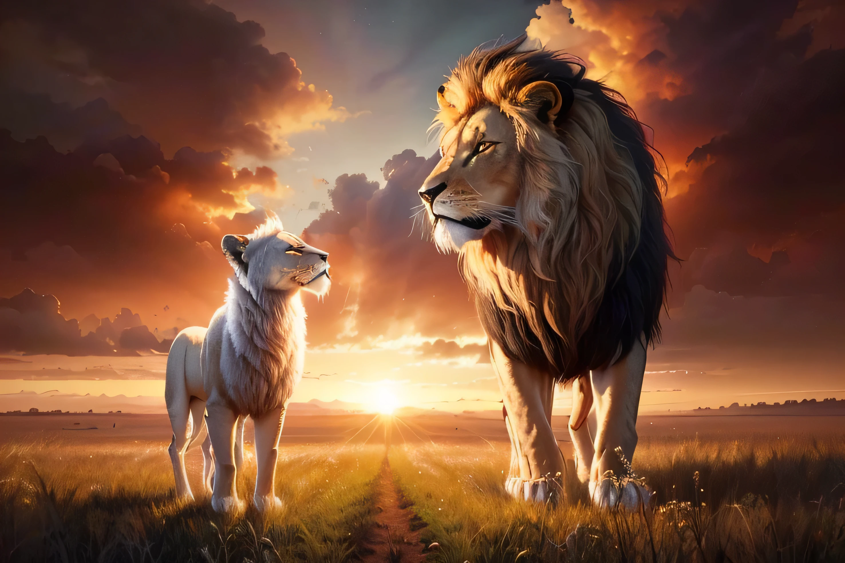 lion and lamb standing in a field with sunset in the background, The Lion King, album art, powder László Balogh, bela obra-prima, imagem de alta qualidade, tendendo ，, Cena realista, linda arte, intrincado detalhado 8k, por Adam Marczyński, filme animado, imagem de perfil