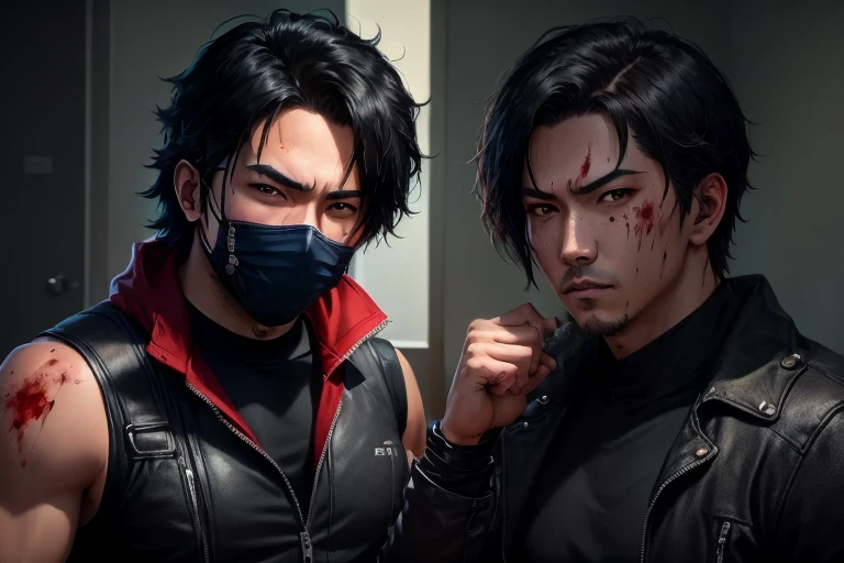 there is a man with a mask on, jett from valorant, artgerm and atey ghailan, badass anime 8 k, as a character in tekken, realistic artstyle, cinematic bust shot, anime style 4 k, muscular character, valorant character, markiplier, his hands are covered in blood, he holds his fist with his hand, stares intensively to the viewer.