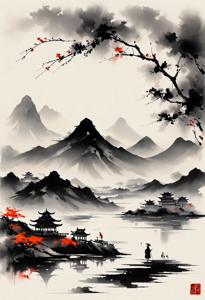 (大量留white:1.5),white, white色背景, simple, Minimalism, abstract,Freehand,Aesthetic,黑与white,Ink Painting,antiquity,Mountain,People in the distance