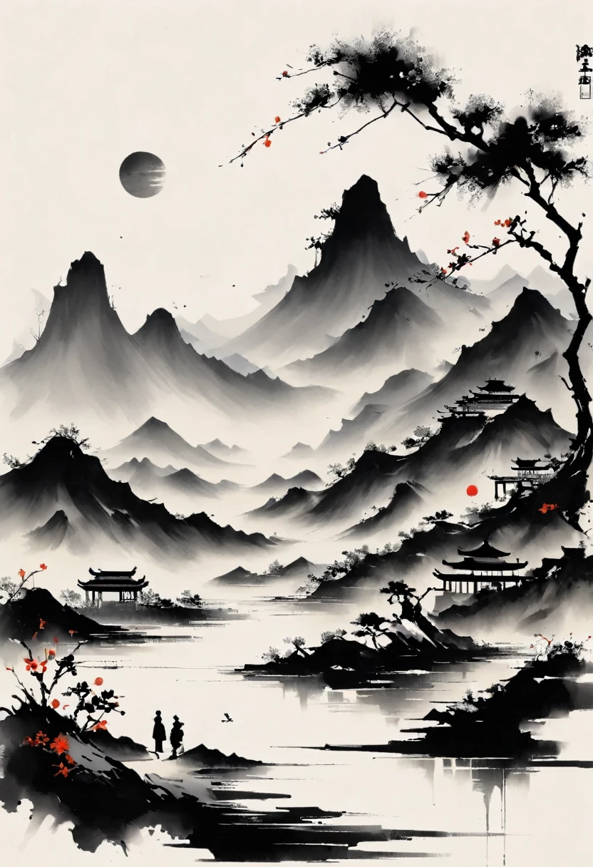 (大量留white:1.5),white, white色背景, simple, Minimalism, abstract,Freehand,Aesthetic,黑与white,Ink Painting,antiquity,Mountain,People in the distance