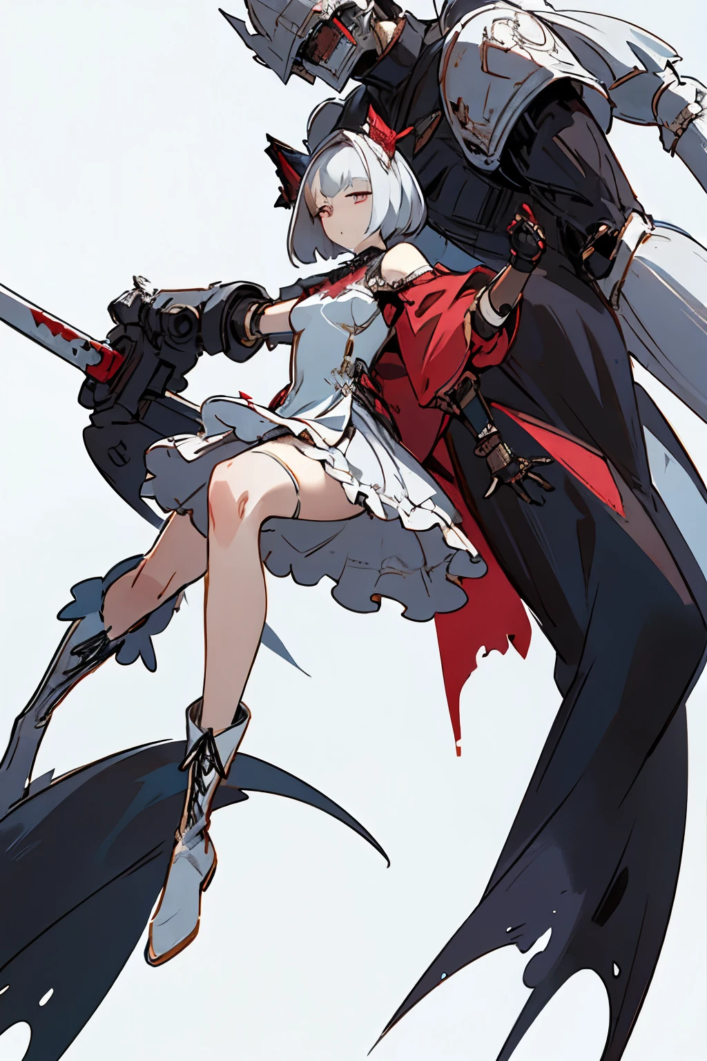 ((best quality)), ((masterpiece)), (detailed), 1girl, off-shoulder, blank white background, plain background, white background, red and white clothing, Bloodborne inspired, occult aesthetic, occult, detailed and intricate steampunk and detailed gothic, NSFW, Very dramatic and cinematic lighting, cosmic horror, grim-dark, side-lighting, perfect face, NSFW, Fluttering lace flared long knee length dress with frilly petticoats, knee length dress, pleated petticoats, lolita dress, petticoats gothic lolita, complex lace boots, side-lighting, gothic lolita aesthetic, wielding a mighty sword with mechanical components, carbine, NSFW, beautiful small breasts, small breasts, full body, whole body, body, plain background, white background, blank background, no background, white background NSFW, full body, whole body, head-to-toe NSFW