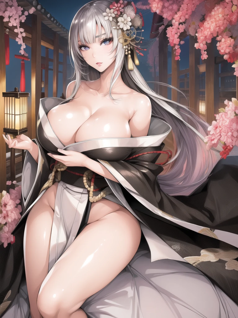 best quality,masterpiece, high res,original, beautiful detailed eyes,ultra-detailed, perfect anatomy,
1girl, solo, full body,
japanese clothes, kimono, white and black kimono,
large breasts, wide hip, mature female,
glamorous body, slender body,
perfect lighting,Colorful, Bright_Front_face_Lighting, shiny skin,
(beautiful_face:1.5),