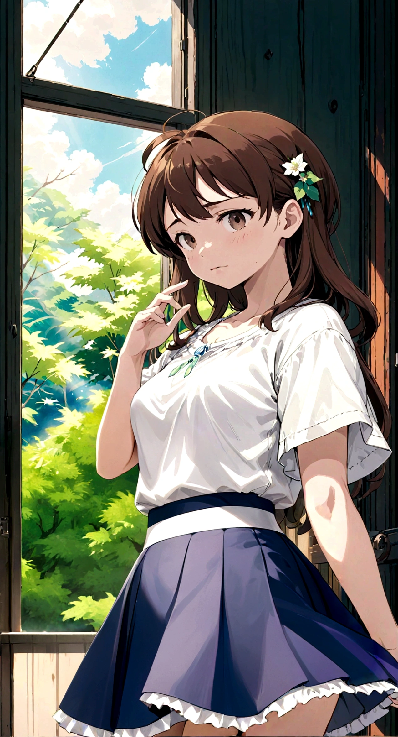 A skirt puffed up by the strong wind、、Skirt that is flipped、
裏地がI can see it　、White lining、I can see it、Anime White Panties、Crotch is visible
