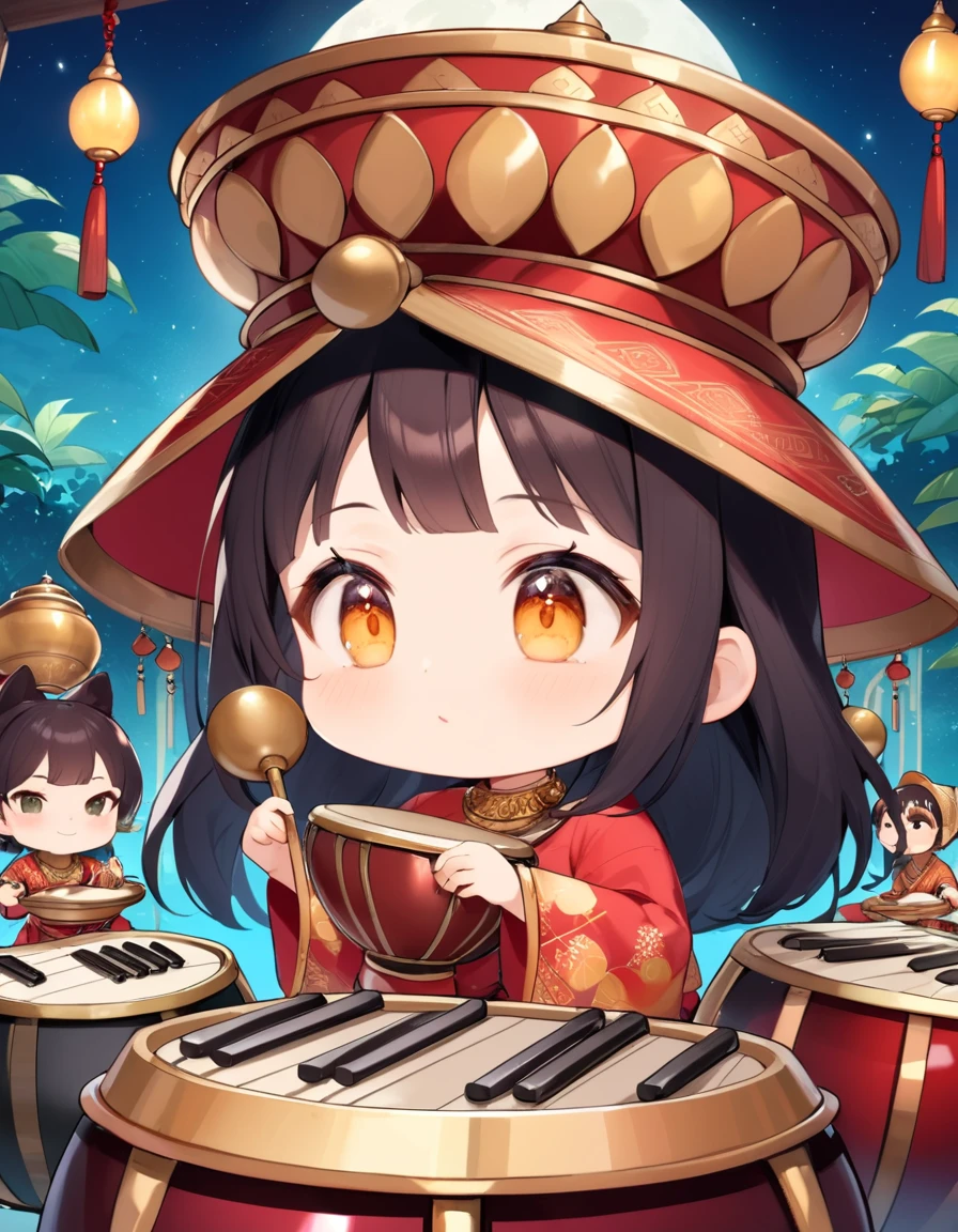 (close up face), (chibi character:1.3), cute, moe, kawaii, Gamelan Music brings to mind a scene where traditional Indonesian music is being played. In a large garden, gamelan players gather and pick up various percussion instruments. They play various instruments such as copper keys, iron keys, drums, and gongs. The sound is mystical and attractive, inviting listeners to a distant Eastern country. The gamelan music echoing in the night sky spreads with a pleasant rhythm on the wind.