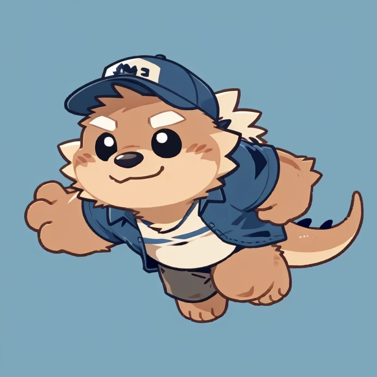 dragon face,Cute face,Humanity(dragon), (cap, running) , Chubby,(white eyebrows:1.1),(perfect black eyes),Simple background, Blue Background,print style。(Artist:Takemoto Arashi