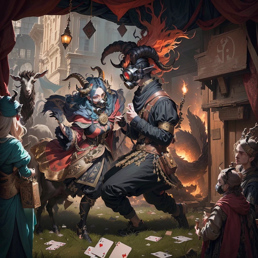 A surreal and humorous illustration featuring a chaotic scene with various elements intertwined. Two playing cards, a Nine and anAce, can be seen in the foreground, accompanied by a goat-like creature with horned glasses, emitting a sinister aura. A mysterious gate is being closed by an unseen force, as people stand on a platform (atas) wearing gas masks. Clothes are strewn about in a hurry, while Felix, a mythical character, assures everyone he won't tie them down. Amidst the chaos, a devil with an evil eye and a Chekist figure argue over the nature of government work. The overall atmosphere of the illustration is a whimsical blend of fantasy, humor, and a touch of darkness., photo, illustrationLess