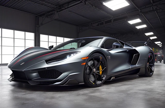 Fernyr, photorealistic shot of a supercar, rivets, industrial design, hyperfuturistic, masterpiece, immersive background