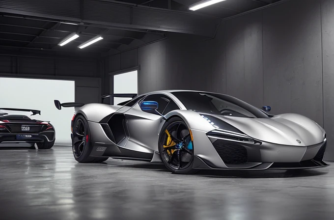 Fernyr, photorealistic shot of a supercar, rivets, industrial design, hyperfuturistic, masterpiece, immersive background