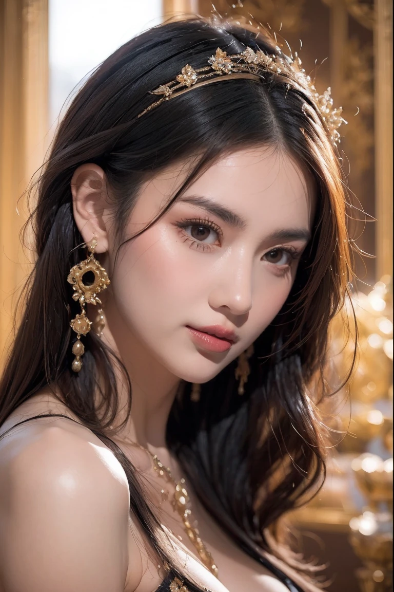 (Masterpiece:1.3), (best quality:1.3), (photography:1.Really hot:1.4), (very complicated:1.3), (Exquisitely detailed skin), bright colors, shallow depth of field, Ultra high resolution, 8k, UHD, Too realistic, perfect anatomy, best shadow, Ray tracing, Delicate, There are complicated details., raw photos, HDR, Sharp focus, front view, 1 girl, alone, (big breasts:1.3),bare,see breasts,see gender,Hairy Sex Straight, white skin, Random hairstyle, photography of beautiful woman fashion model , สวมมงกุฏทองคำบนศีรษะ decorationsผม, glossy lips, eyelid, decorations, earring, looking at the audience, mischievous face, Naughty smile, dynamic gesture, Conceptual Thai temple background, very close