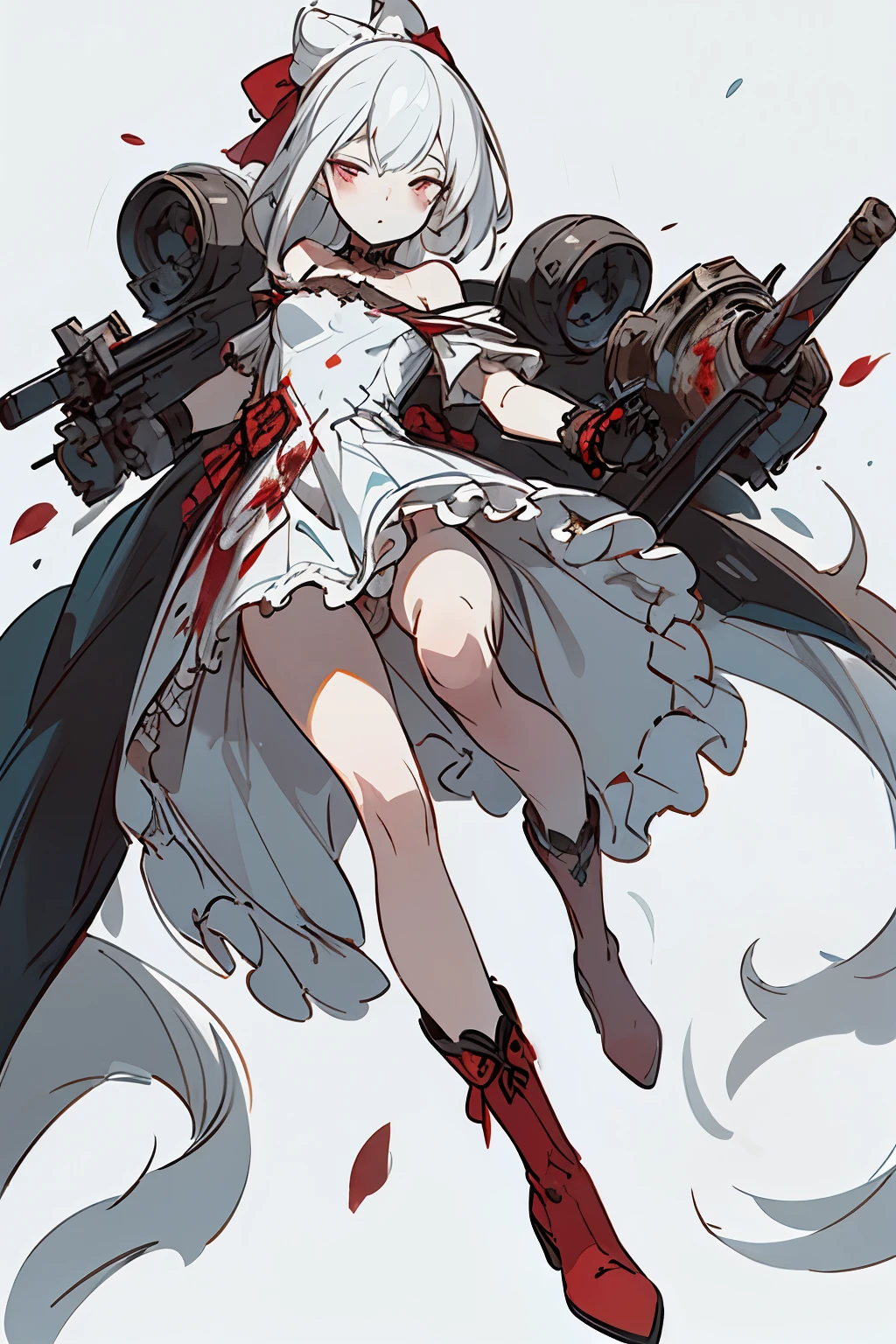 ((best quality)), ((masterpiece)), (detailed), 1girl, off-shoulder, blank white background, plain background, white background, red and white clothing, Bloodborne inspired, occult aesthetic, occult, detailed and intricate steampunk and detailed gothic, NSFW, Very dramatic and cinematic lighting, cosmic horror, grim-dark, side-lighting, perfect face, NSFW, Fluttering lace flared long knee length dress with frilly petticoats, knee length dress, pleated petticoats, ta dress, petticoats gothic lolicomplex lace boots, side-lighting, gothic lolita aetic, wielding a mighty sword with mechanical components, carbine, NSFW, beautiful small breasts, small breasts, full body, whole body, body, plain background, white background, blank background, no background, white background NSFW, full body, whole body, head-to-toe NSFW