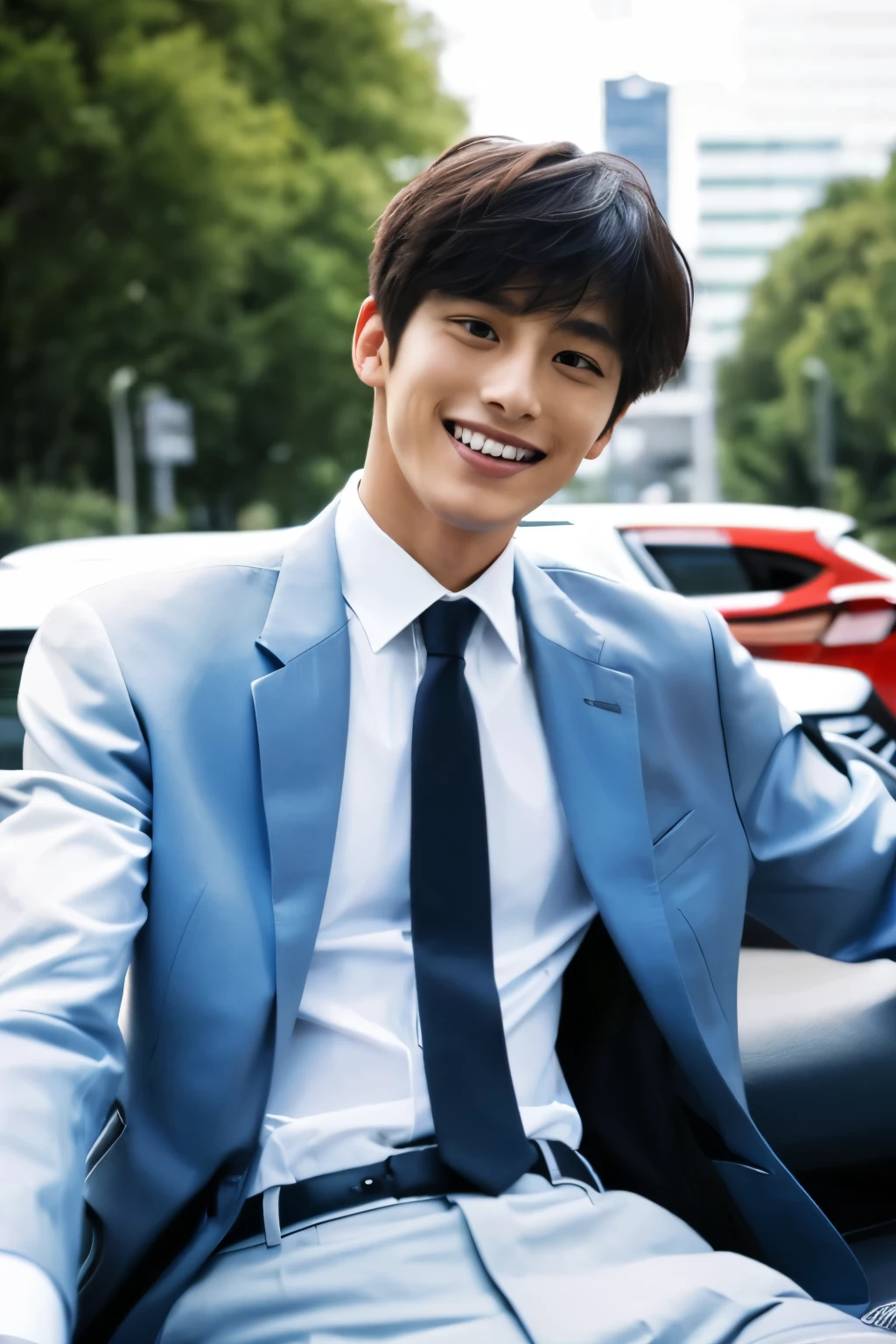 ((A white BMW840I))A young and handsome Japanese man aged 20 years old and 182 cm tall。Wearing a black suit. White shirt、Japanese man wearing light blue tie,)、with a smile on face..左手放在Direction plate上.Let your right hand hang naturally..Sitting in the driver's seat of BMW840I.Eyes looking in the direction of the audience.maintain eye contact,((driver seat.Direction plate.Dashboard.The details of the scenery outside the window are very clear)) young man with short hair.best picture quality、masterpiece、Ultra-high resolution、(Photo realism:1.4)、bust image. 8K、Super sharp、Light is real .Ultra high quality、tall gentleman、very beautiful hair、Bright photos .Handsome as a model、Handsome as an idol、Professional avatar、Professional portrait photos、Realistic portrait photos、Detailed color portrait、Idol portrait、High-quality half-length portrait photos