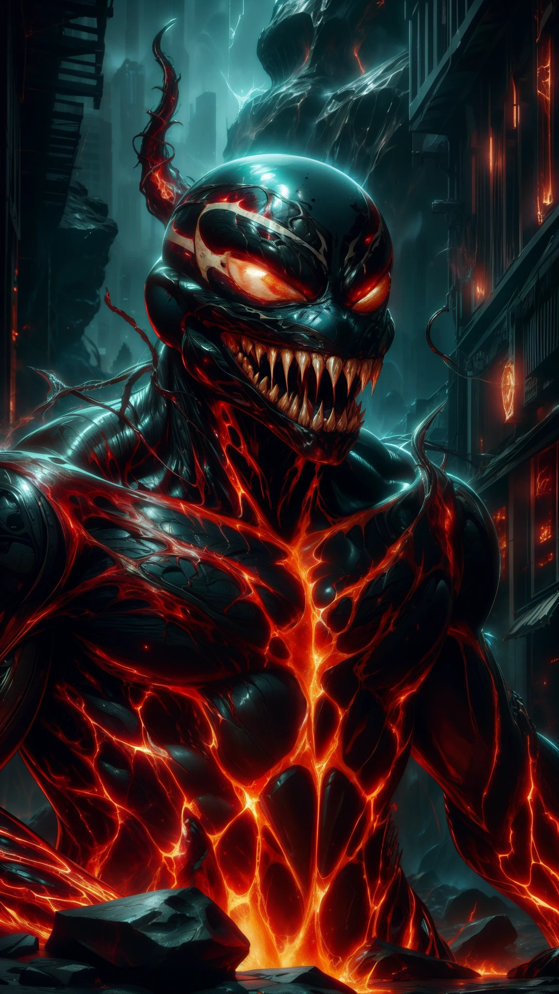 (absurdres, highres, ultra detailed)(masterpiece), (extremely intricate:1.3), (realistic),cyberpunk city,Cinematic Lighting,4k,(masterpiece), (1Venom:1.2),upper body,nvwashireg, burnt clothes,(glowing skin:1.3),(((molten rock skin)))