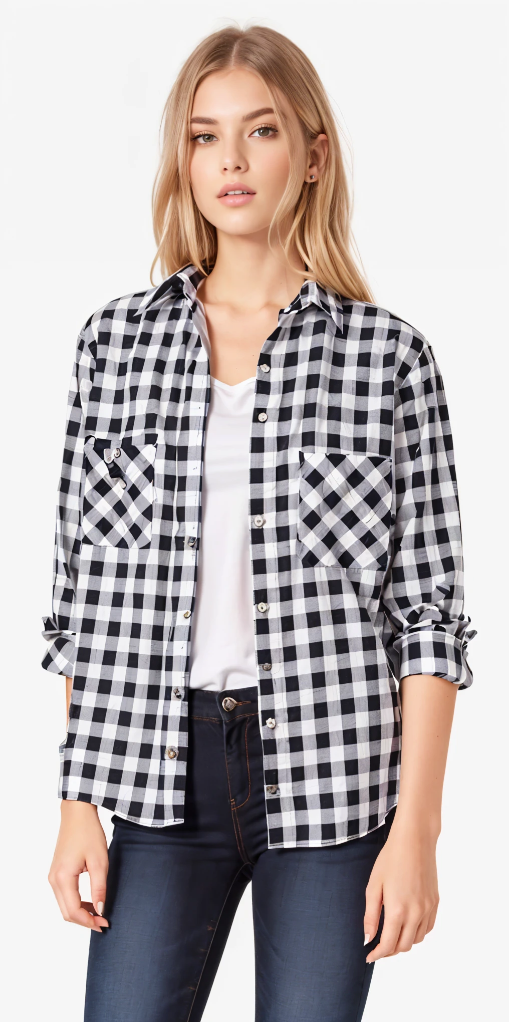 a woman wearing a black and white checkered camisa, plaid camisa, wearing a flanela camisa, flanela, wearing plaid camisa, wearing a plaid camisa, button up camisa, button - up camisa, camisa, lumberjack flanela, roupas pretas e brancas, splendid, wearing a camisa and a jean, detalhe perfeito, tied - up camisa, collared camisa, graphic print