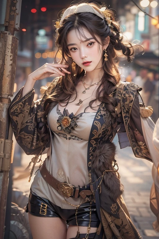 (masterpiece:1.3), (8k, Realistic, RAW Photos, Best image quality: 1.4), Japanese 、18-year-old,(Random Hairstyles:1.2)、Cleavage:1.2、Highly detailed face、Attention to detail、double eyelid、Chest to chest、Sharp focus:1.2、Beautiful woman:1.4、Light brown hair、highest quality、masterpiece、超A high resolution、(Realistic:1.4)、Highly detailed and professionally lit smiles、Loose fitting steampunk outfit、Shoulders out、thin、Serious expression、Holding a gorgeous necklace in her right hand, In the city、Eat dinner