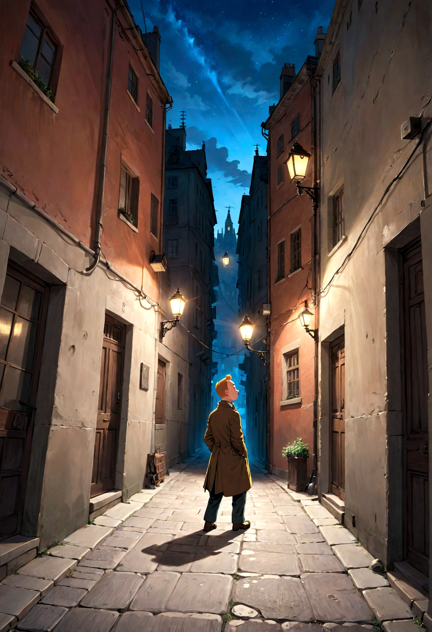 1boy, Tintin, "the adventures of tintin", in the style of herge, Holmes Hat, night, alley, shadow, street lamp, dynamic pose, dramatic composition, cinematic camera angle, european comics, 90s cartoon art style, cinematic dynamic action scene, vibrant colors, cinematic lighting, dramatic lighting, best quality, masterpiece, very aesthetic, perfect composition, intricate details, ultra-detailed