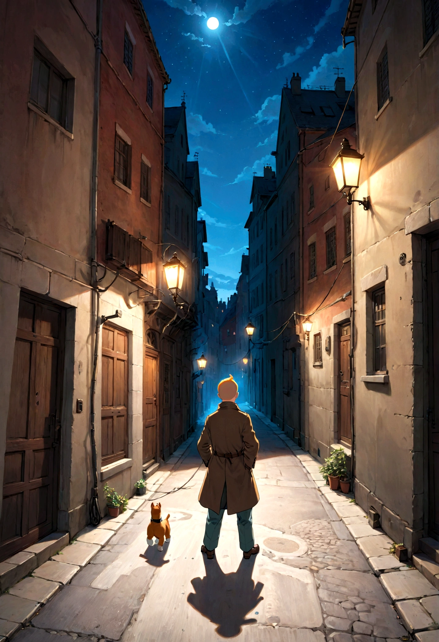 1boy, Tintin, "the adventures of tintin", in the style of herge, Holmes Hat, night, alley, shadow, street lamp, dynamic pose, dramatic composition, cinematic camera angle, european comics, 90s cartoon art style, cinematic dynamic action scene, vibrant colors, cinematic lighting, dramatic lighting, best quality, masterpiece, very aesthetic, perfect composition, intricate details, ultra-detailed