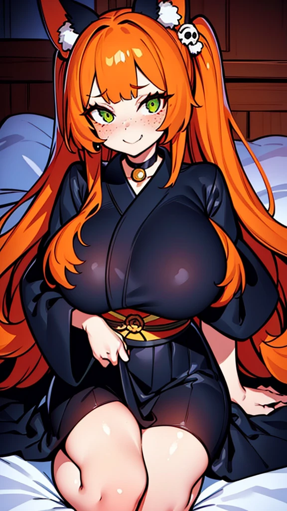 a beautiful and stunning woman with long, wavy orange hair and green eyes, twin volumous ponytails, wearing a black kimono with a red floral print , orange fox ears, lying on the bed with a shy smile, red cheeks and light freckle marks only on her face, defined silhouette, huge breasts, thick thighs, earrings of skulls, dark environment, dark colors, pastel tone, cold palette, sharpness, attention to detail, richness of details, cute aesthetics, cherry blossoms decorating the hair