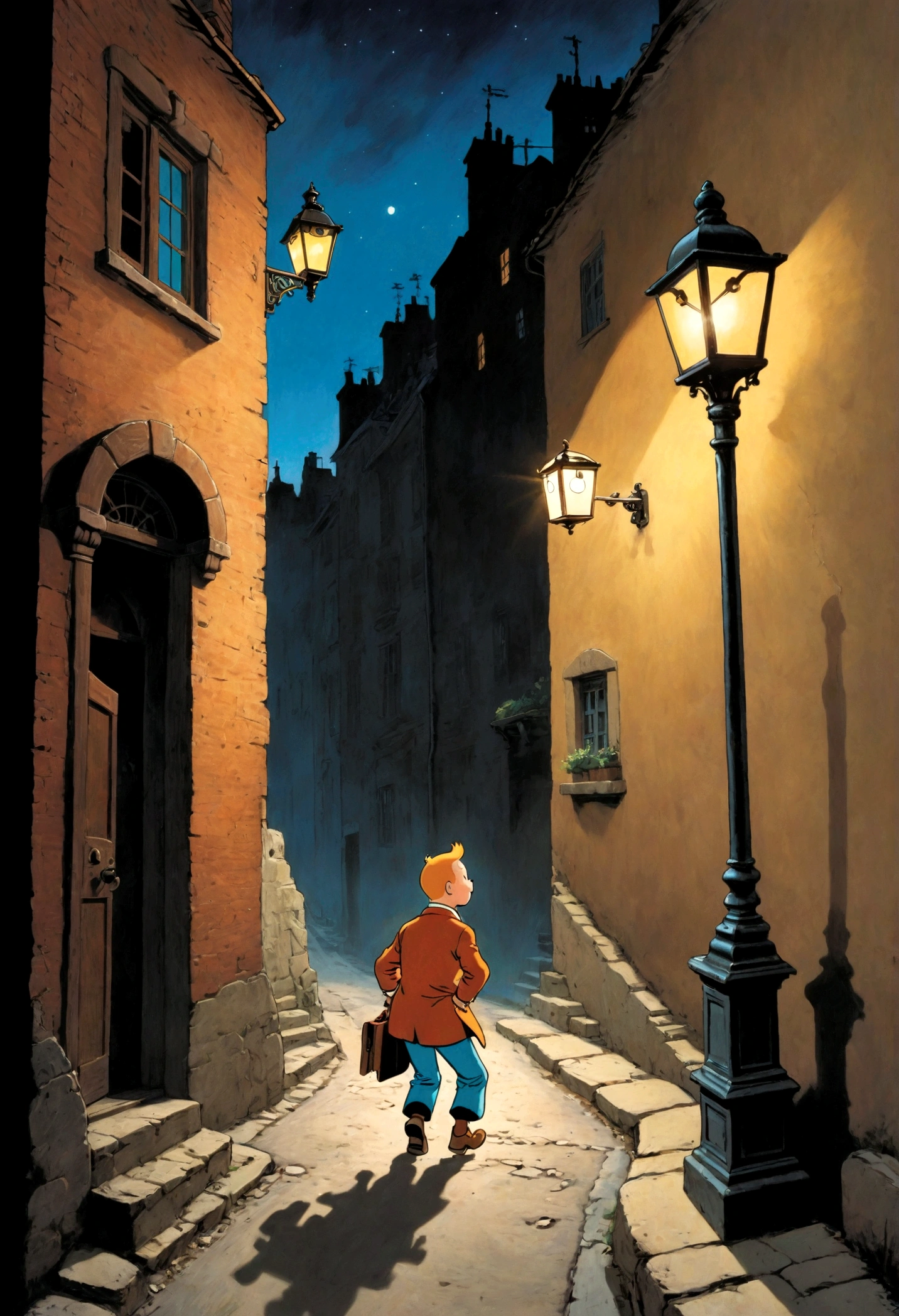 1boy, Tintin, "the adventures of tintin", in the style of herge, Holmes Hat, night, alley, shadow, street lamp, dynamic pose, dramatic composition, cinematic camera angle, european comics, 90s cartoon art style, cinematic dynamic action scene, vibrant colors, cinematic lighting, dramatic lighting, best quality, masterpiece, very aesthetic, perfect composition, intricate details, ultra-detailed