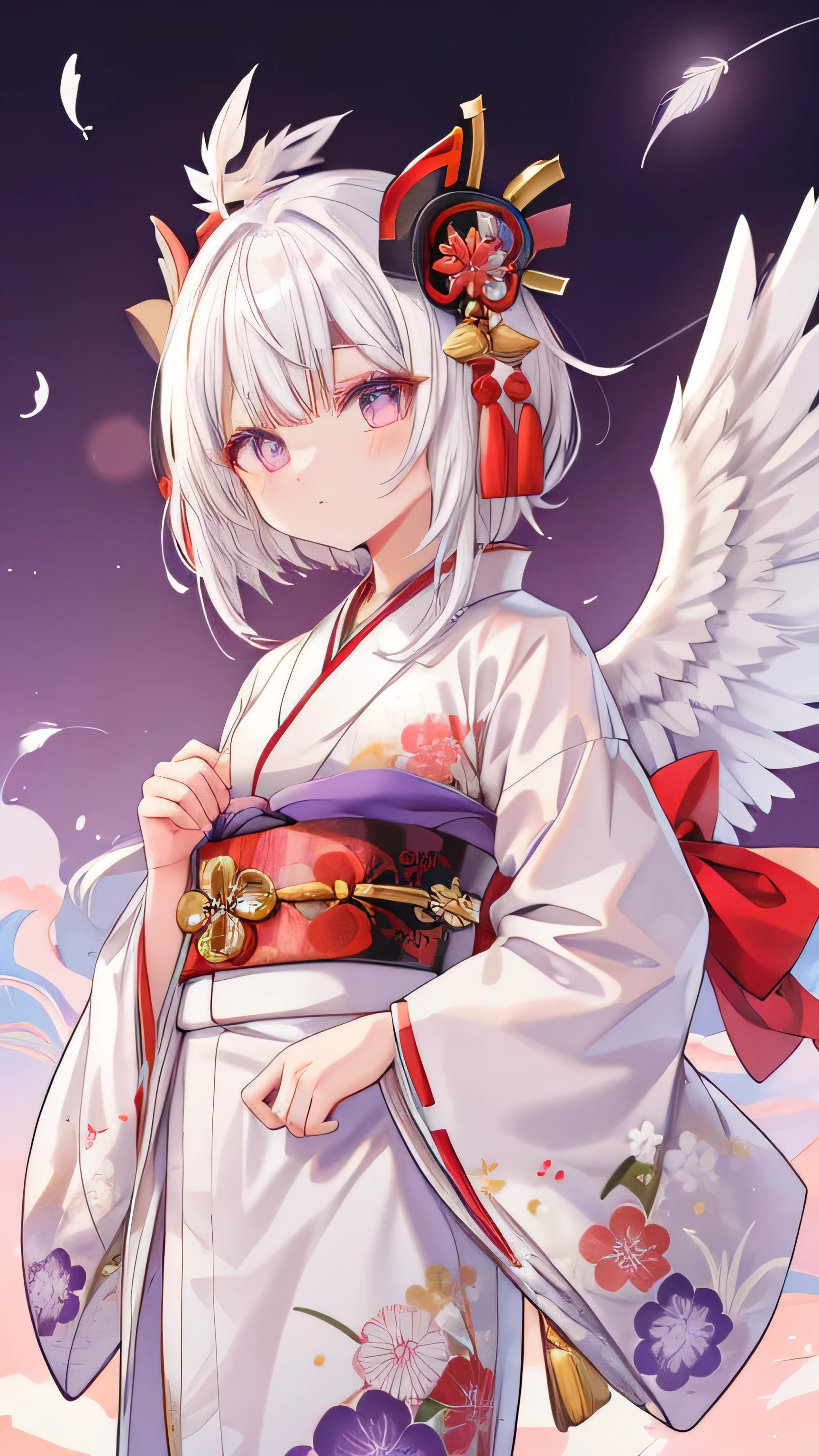 man, Tengu, Onmyoji, hairy, white hair, White feather, Long Wing, Purple pupils, kimono, Japanese style, Simple background