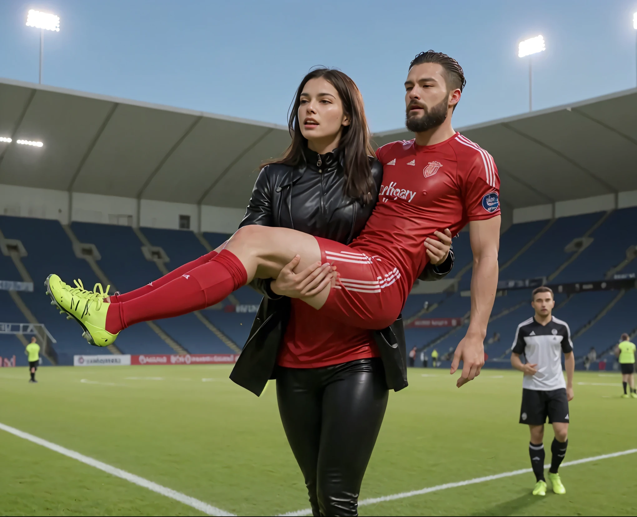 fainting, fainted man, unconscuous man, passed out, Andrea carries the wounded man's body in her hands, Andrea grabs his legs and his body with her hands, the bearded man in Andrea's arms is visibly in pain, stadium atmosphere, the bearded man is lying consciousless in Andrea's arms with one arm hanging down, A scene at a soccer stadium, a bearded man lying in a caring women's arms, lying helpless in her arms with his head dangling down, he has one arm dangling down while being carried in the women's arms, There is an attractive and heavily made-up woman in a long black leather coat, A pretty woman in a shiny black leather coat on a soccer field, A wonderful woman is holding a passed out man, A man in matt and roughened sportswear is held diagonal in her arms, a man in a woman's arms and lets one arm dangling down, we see the man held in front of the woman's body, the man is cradled in the woman's arm while being carried, the beautiful woman is exceptionally heavily made up and has an extremely desperate and very angry expression on her face, high-resolution photo, realistic sports photo, soccer scene, woman in black shiny long leather coat, injury scene, real photo, ultra realistic, high definition, sports photography