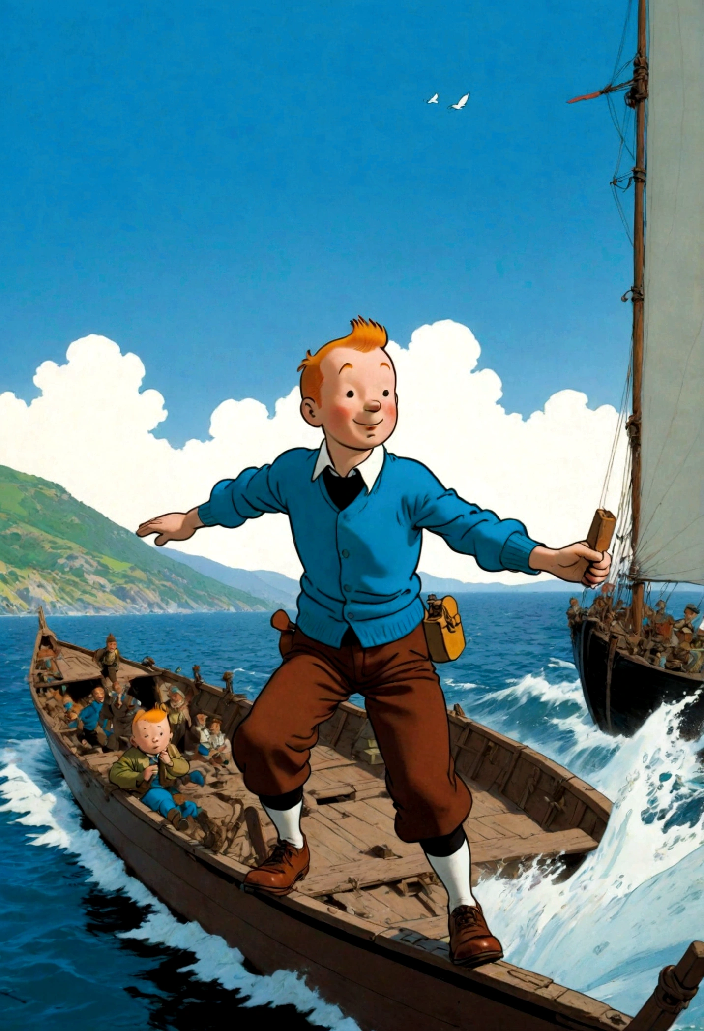 1boy, Tintin, "the adventures of tintin", in the style of herge, on boat, dynamic pose, dramatic composition, cinematic camera angle, european comics, 90s cartoon art style, cinematic dynamic action scene, vibrant colors, cinematic lighting, dramatic lighting, best quality, masterpiece, very aesthetic, perfect composition, intricate details, ultra-detailed