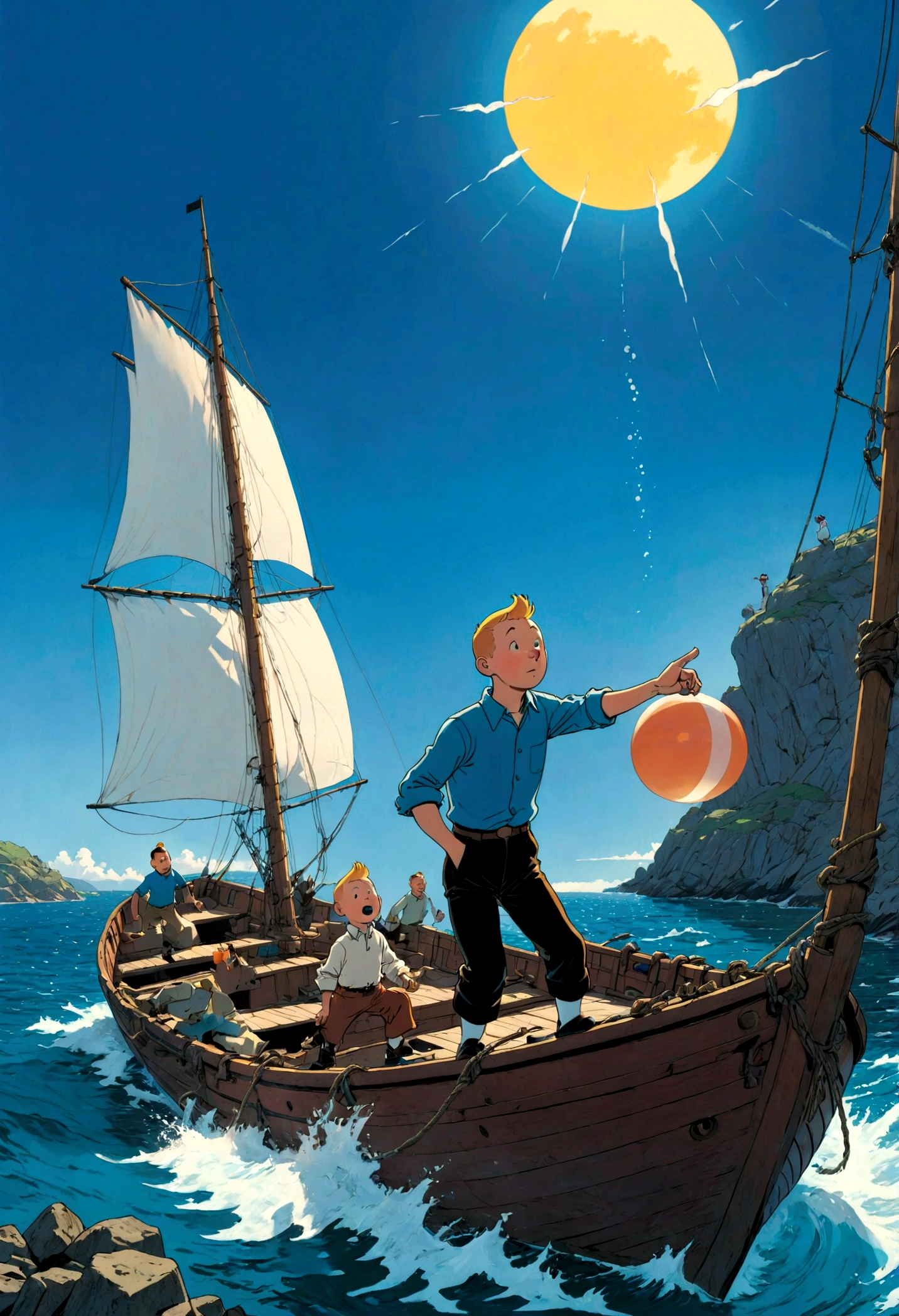 1boy, Tintin, "the adventures of tintin", in the style of herge, on boat, water, dynamic pose, dramatic composition, cinematic camera angle, european comics, 90s cartoon art style, cinematic dynamic action scene, vibrant colors, cinematic lighting, dramatic lighting, best quality, masterpiece, very aesthetic, perfect composition, intricate details, ultra-detailed