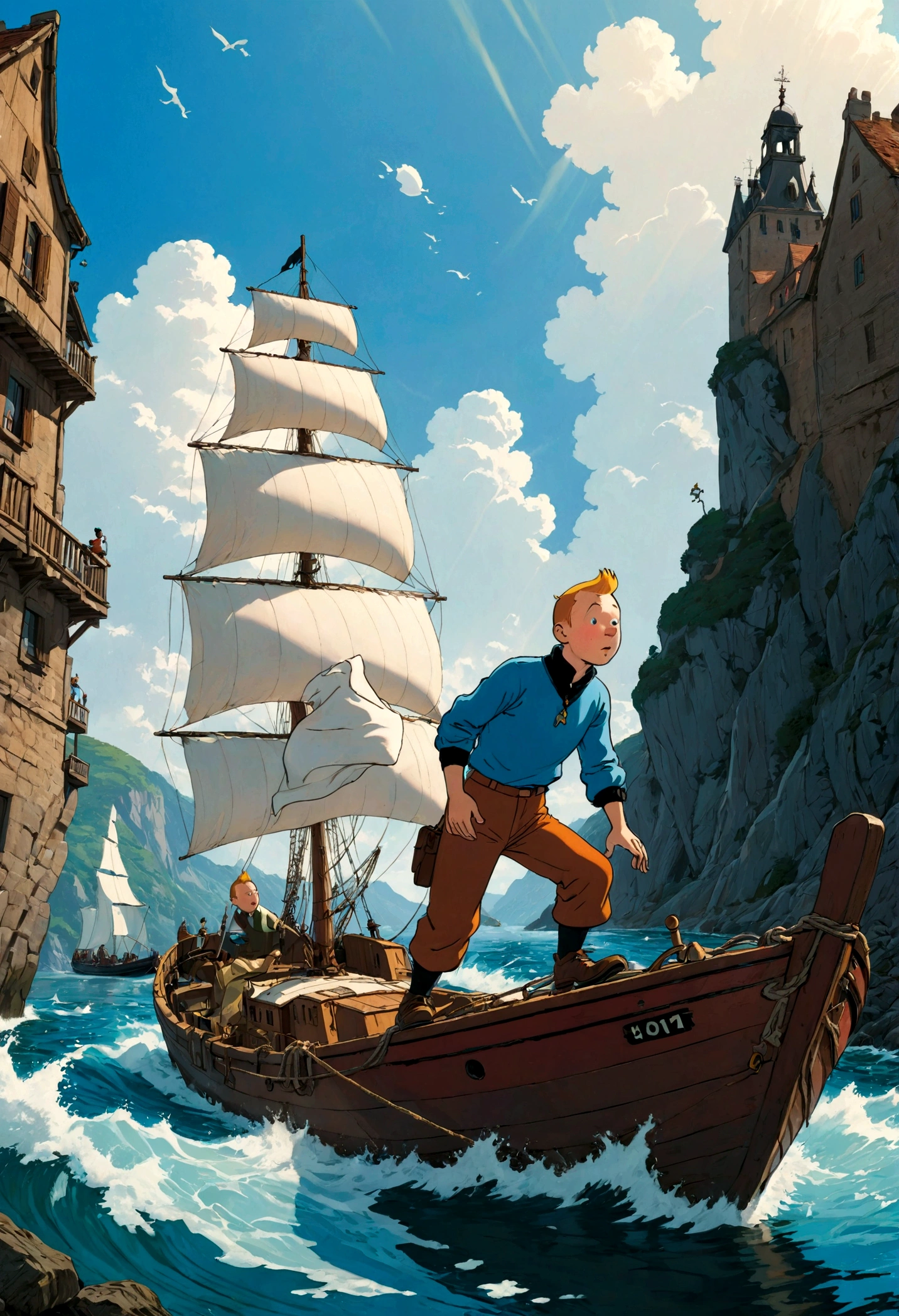 1boy, Tintin, "the adventures of tintin", in the style of herge, on boat, water, dynamic pose, dramatic composition, cinematic camera angle, european comics, 90s cartoon art style, cinematic dynamic action scene, vibrant colors, cinematic lighting, dramatic lighting, best quality, masterpiece, very aesthetic, perfect composition, intricate details, ultra-detailed