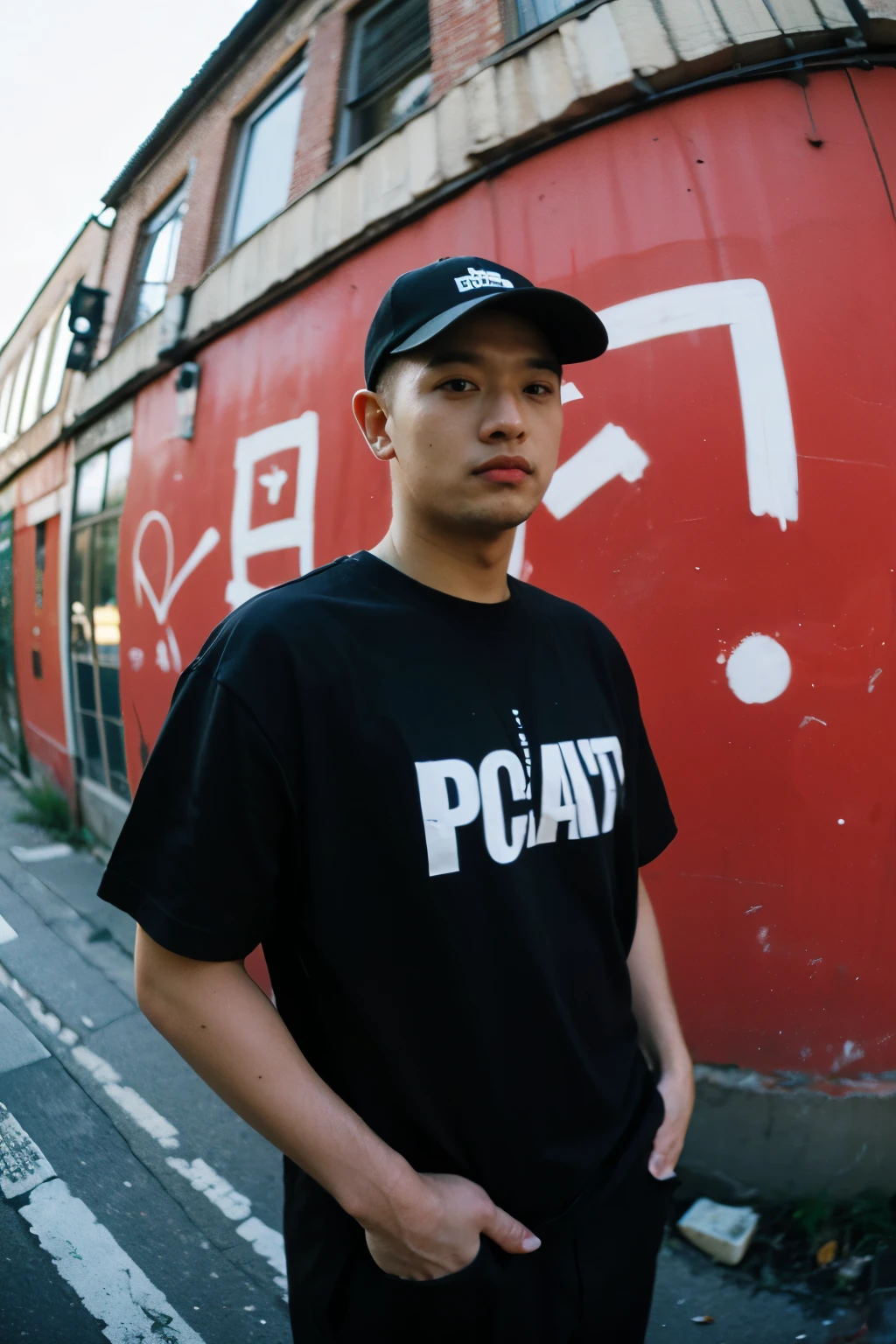 a BOY HANDSOME wearing a black shirt with a blue logo on it, photo from a low angle, red hair, using a wide lens, fish eye lens camera, sharp gaze at the camera, professional model pose,, red lighting, official product image, official product photo, 2 techwear MAN, graffiti background, lots of graffiti on old buildings, empty places, abandoned houses, trending on r/streetwear, random pose, cybertech wear, trending on r/techwearclothing, wearing cyberpunk streetwear, HE is wearing streetwear, wearing space techwear, casual black clothing, official, black t shirt, MAN in streetwear