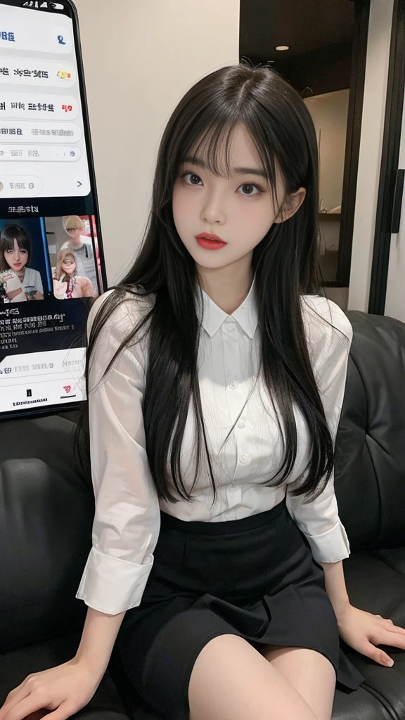 (high quality), (NSFW:1.1), split screen, A delinquent, mature high school girl and a Korean adult man enjoying a smartphone chat app, Her smartphone display shows a number of Korean adult men chatting to a high school girl., Their chat language is English, Men are waiting for her response, popup window, And there is a man, This man is requesting a chat with her on the smartphone screen. Chat takes place alternately between women and men, girl's uniform is sexy and tight, girl's slim leg and pantyhose is good,