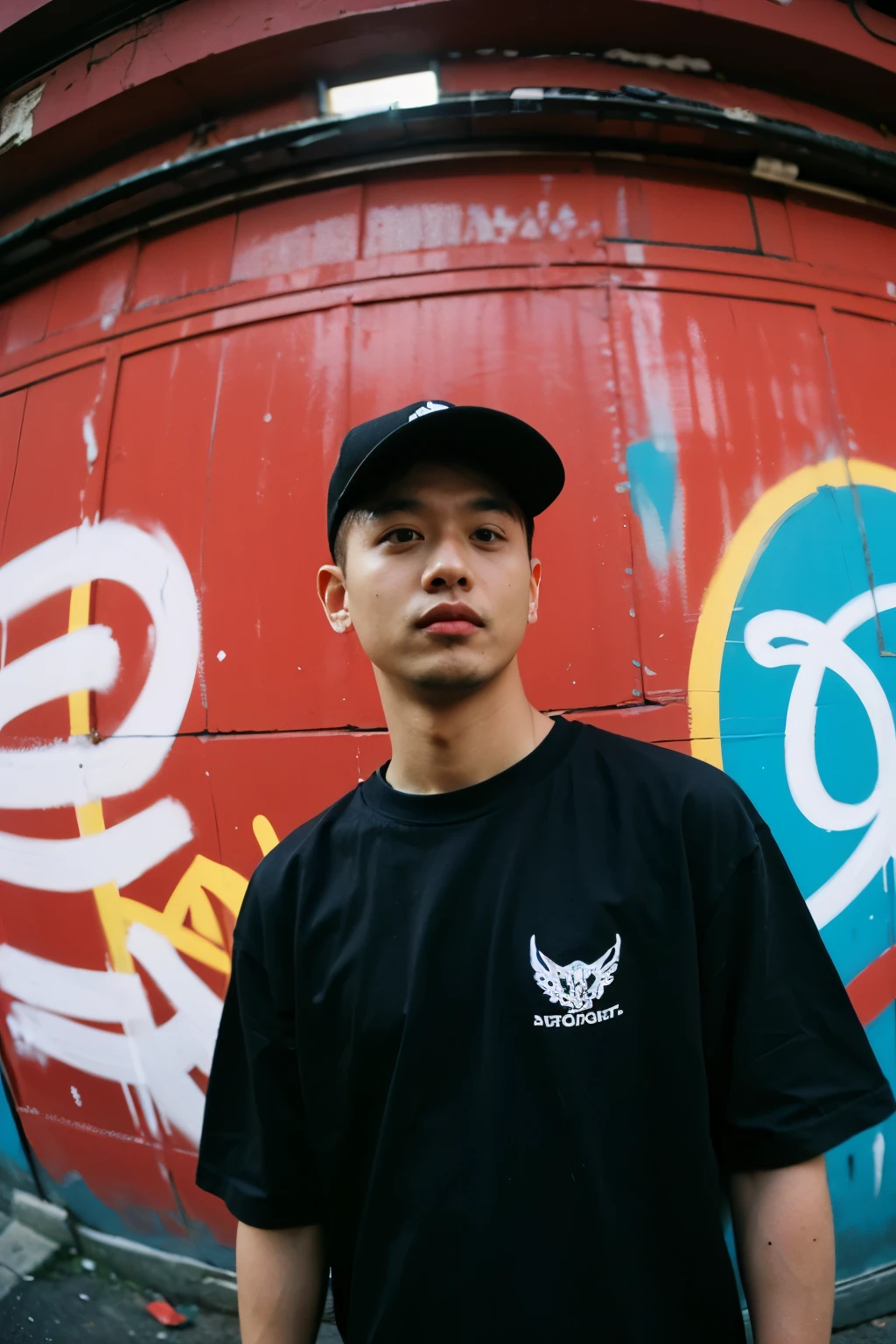 a BOY HANDSOME wearing a black shirt with a blue logo on it, photo from a low angle, red hair, using a wide lens, fish eye lens camera, sharp gaze at the camera, professional model pose,, red lighting, official product image, official product photo, 2 techwear MAN, graffiti background, lots of graffiti on old buildings, empty places, abandoned houses, trending on r/streetwear, random pose, cybertech wear, trending on r/techwearclothing, wearing cyberpunk streetwear, HE is wearing streetwear, wearing space techwear, casual black clothing, official, black t shirt, MAN in streetwear
