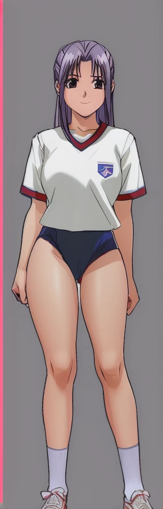 Momoko Koigakubo, a tall girl with beautiful legs, is standing with a smile on her face in a white gym uniform and light navy blue bloomers that look like panties.。