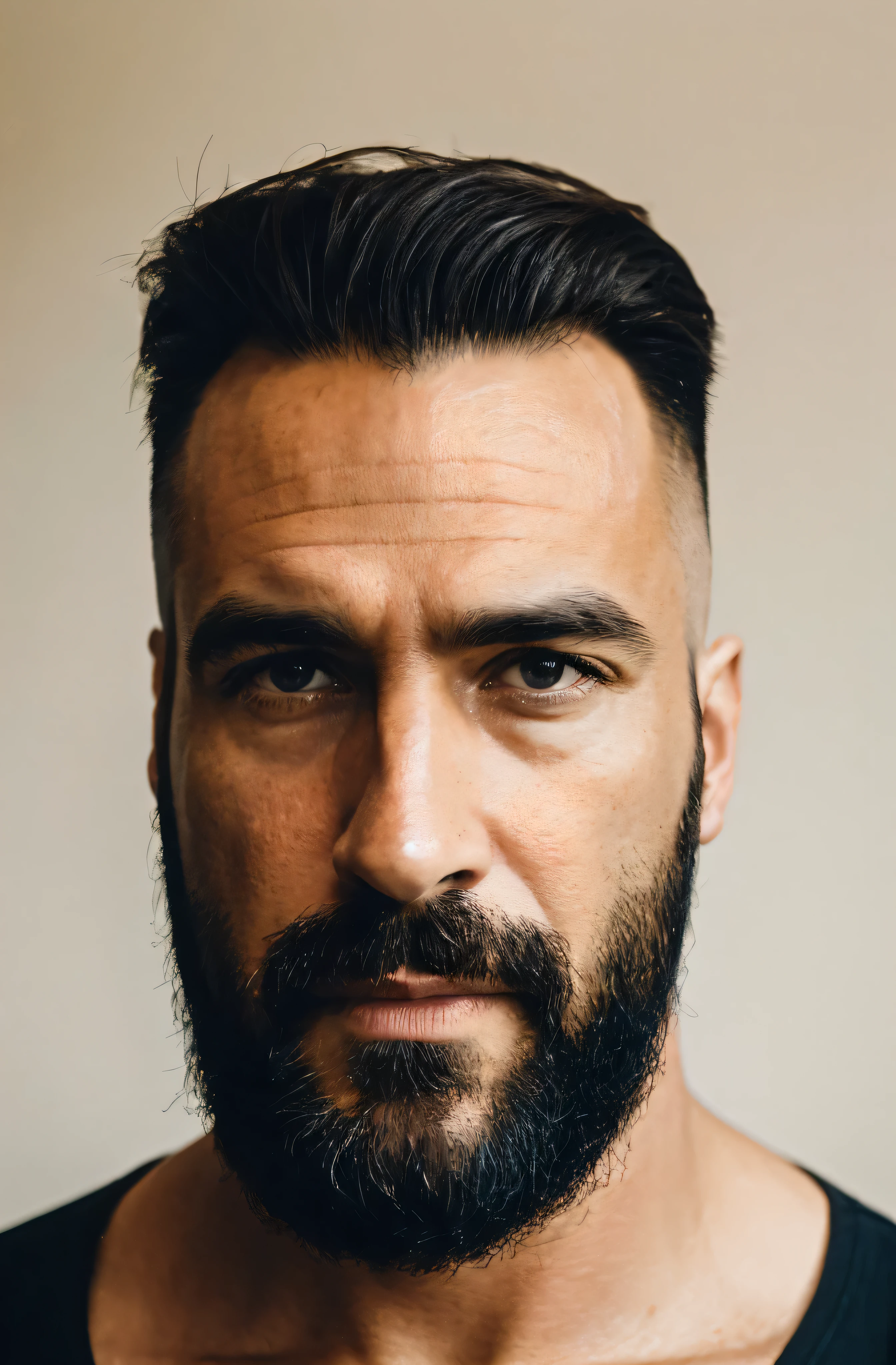 (best quality,ultra-detailed,realistic:1.37),portrait,hiperrealism,hiperdetailed,sunny light,brilliant colors,40 years old man,muscled,handsome,bald,black beard,intense gaze,only head and shoulders,first person perspective,looking directly at the camera