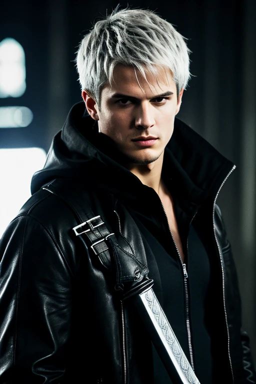 absurdres, highres, ultra detailed, masterpiece, best quality, 1male, looking at viewer, upper body, black techwear coat, hood, dark night city, detalized face, with buckle and tape, Carrying a weapon on his back, serious expression, Nero devil may cry 4, great sword 