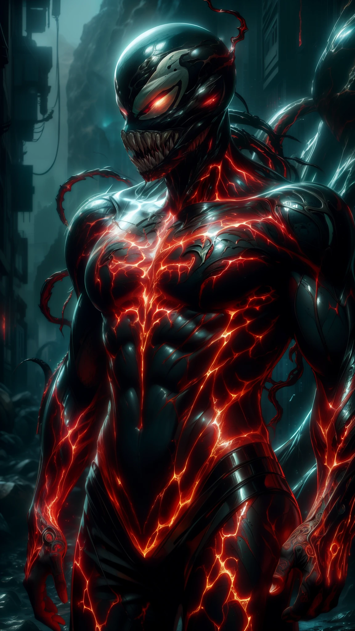 (absurdres, highres, ultra detailed)(masterpiece), (extremely intricate:1.3), (realistic),cyberpunk city,Cinematic Lighting,4k,(masterpiece), (1Venom:1.2),upper body,nvwashireg, burnt clothes,(glowing skin:1.3),(((molten rock skin)))