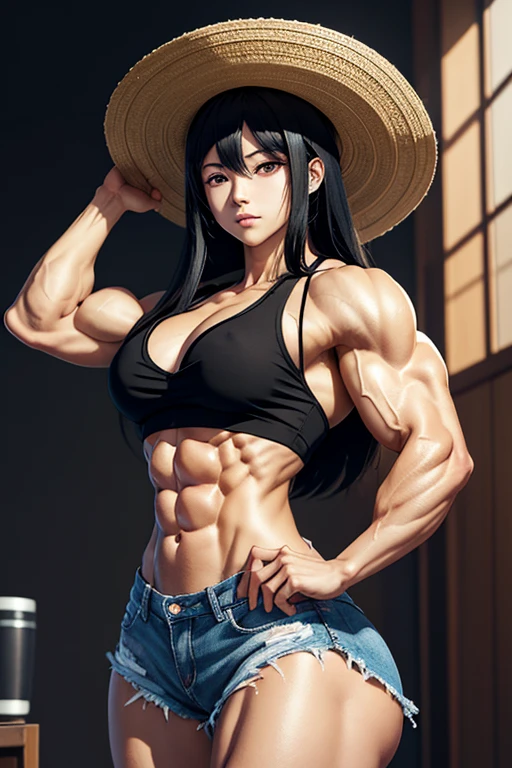 anime  female bodybuilder girl with long black hair wearing a straw hat, anime style 4 k, extremely prominent veins, shredded abs and obliques, heavily muscular legs, prominent veins everywhere, beautiful anime portrait, anime moe artstyle, anime art wallpaper 4k, anime art wallpaper 4 k, high quality anime artstyle, anime style portrait, guweiz, artwork in the style of guweiz, detailed digital anime art, anime art wallpaper 8 k, cute anime girl portraits