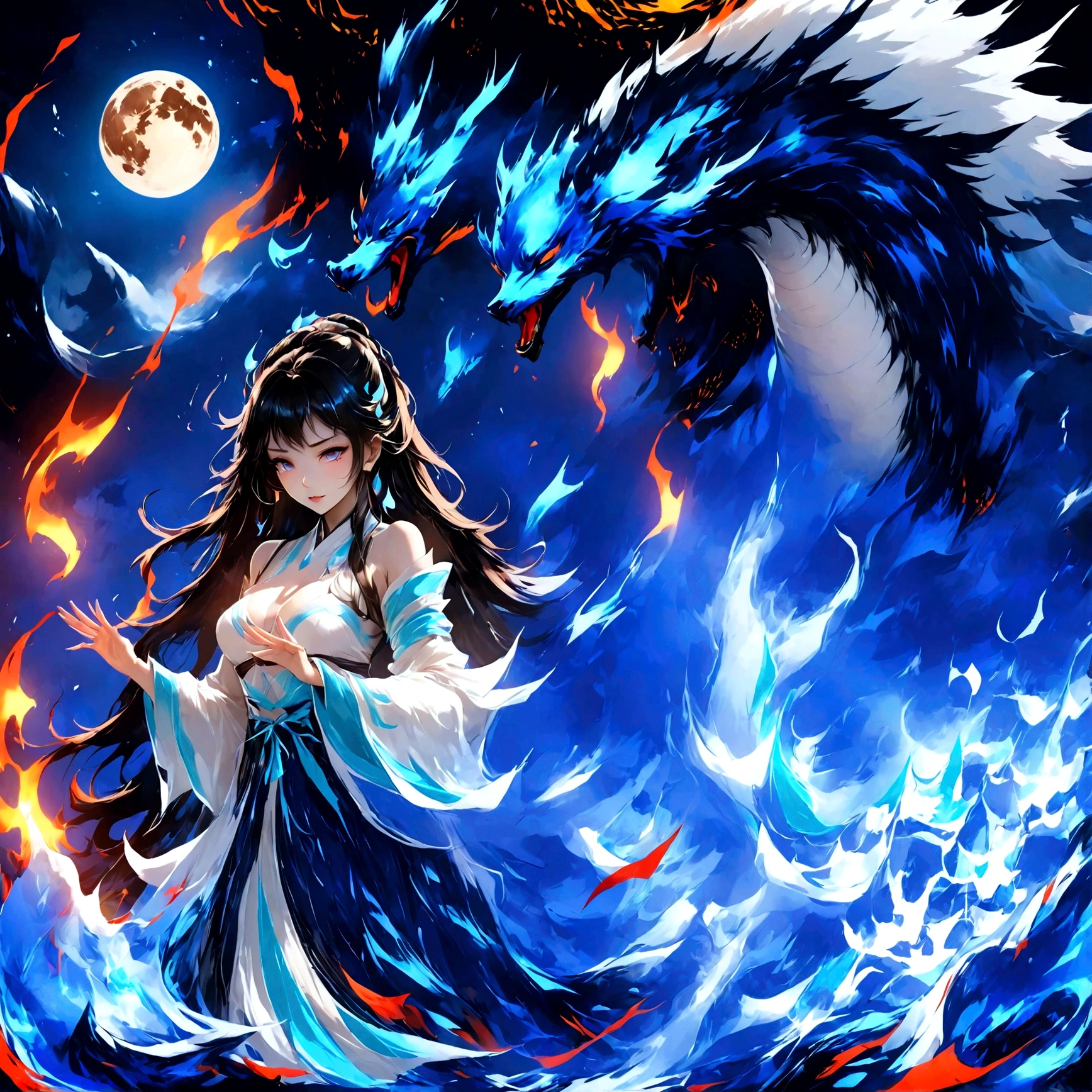 highest quality, Ultra-high resolution,A shrine maiden wearing red hakama is dancing in front of a giant red dragon.、Dynamic Movement、Full moon night、Real、The dragon&#39;s head１t、竜の胴は一t、Swirling Flames