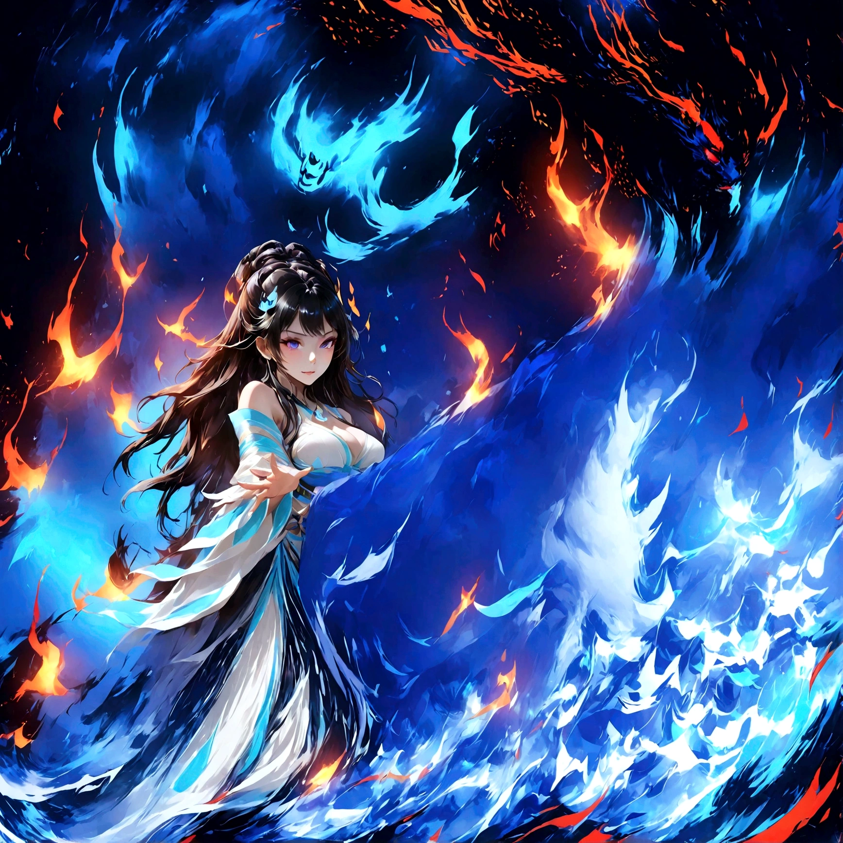 highest quality, Ultra-high resolution,A shrine maiden wearing red hakama is dancing in front of a giant red dragon.、Dynamic Movement、Full moon night、Real、The dragon&#39;s head１t、竜の胴は一t、Swirling Flames