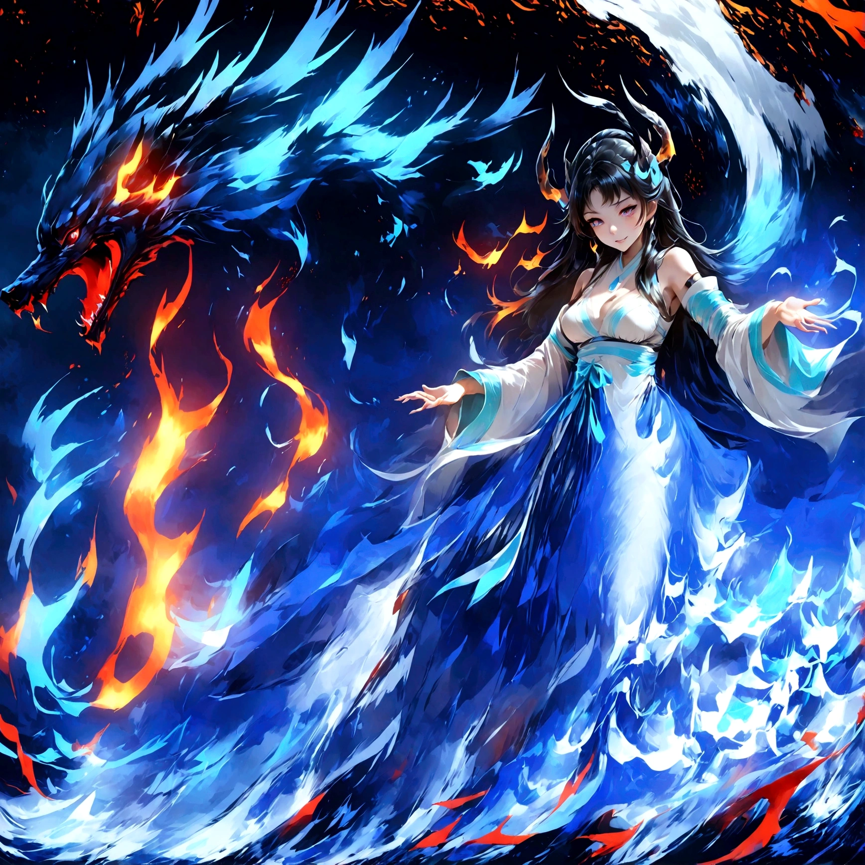 highest quality, Ultra-high resolution,A shrine maiden wearing red hakama is dancing in front of a giant red dragon.、Dynamic Movement、Full moon night、Real、The dragon's head1t、竜の胴は一t、Swirling Flames