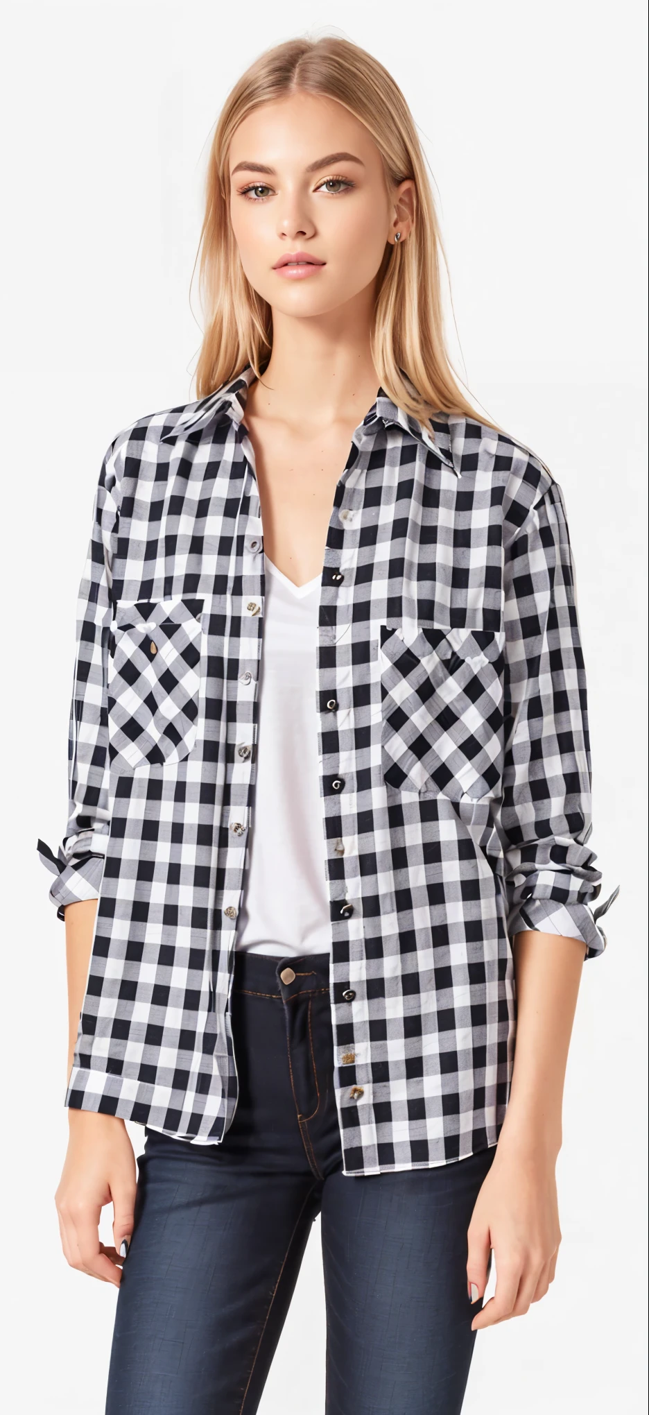 a woman wearing a black and white checkered camisa, plaid camisa, wearing a flanela camisa, flanela, wearing plaid camisa, wearing a plaid camisa, button up camisa, button - up camisa, camisa, lumberjack flanela, roupas pretas e brancas, splendid, wearing a camisa and a jean, detalhe perfeito, tied - up camisa, collared camisa, graphic print