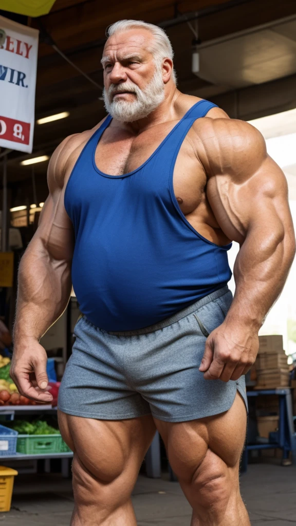 huge muscular old man, muscle gut:1.37, musclegut, confuse exspression:1.2, modern market, tank top, shorts