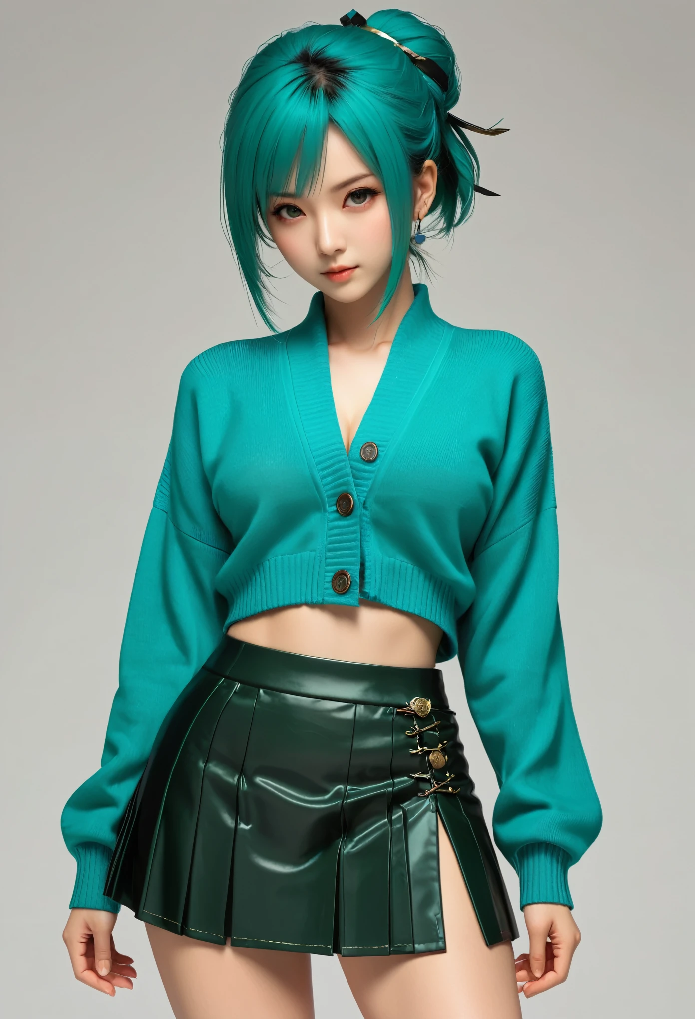(masterpiece, best quality, High resolution), He trained four (Shinobi), Cyan cardigan, sweater, dark_green_shirt,mini skirt, permanent, Open your clothes, Solitary,