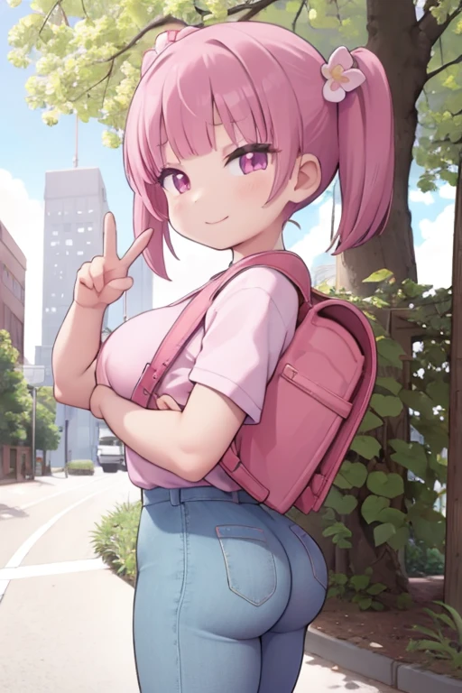 masterpiece, best quality, high resolution, extremely detailed, detailed background, cinematic lighting, 1girl, minamoto_shizuka, bangs, short twintails,pink shirt,, frown, city, street, looking at viewer, smile, full body, sunlight, dappled sunlight, day, outdoor, park, fullbody, wearing pink randoseru backpack, (randoseru backpack:1.0)Big Breasts