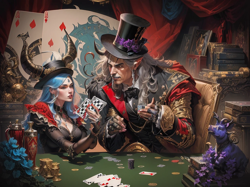 Painting of a man in a top hat and the devil, playing cards, piece of art, album art, detailed cover piece of art, album piece of art, card game illustration, official piece of art, Dave Arredondo, Wayne England, Board game cover, album, Epic fantasy art card game, satirical painting, "Pig, 1 9 8 0's heavy metal album art