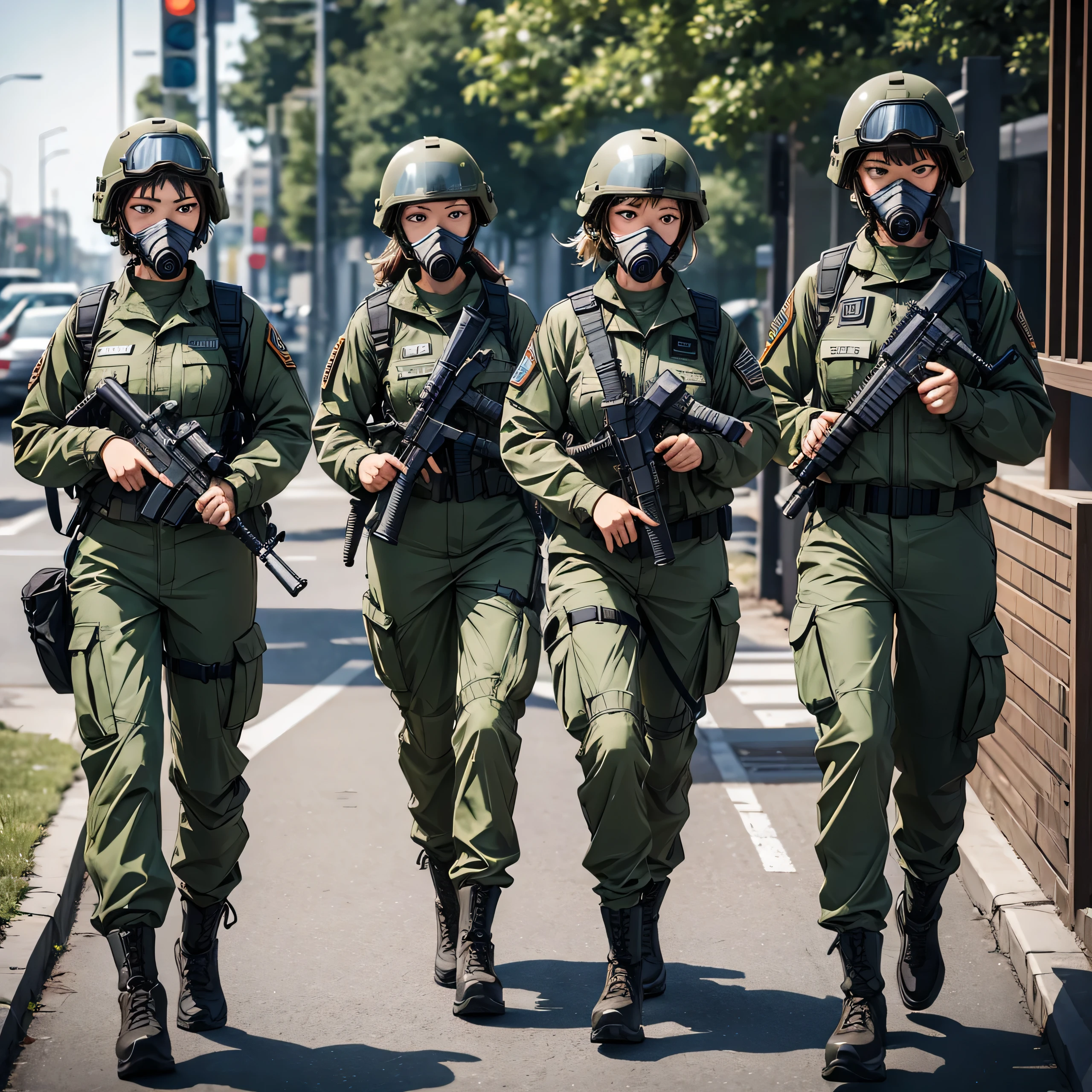 Three female special forces soldiers wearing helmets standing guard、Wearing a gas mask、Wear goggles、Wearing dark green M-51 combat uniform、Walk side by side、Only the part above the feet is shown、Write details、masterpiece、best quality、Highly detailed CG、8K picture quality