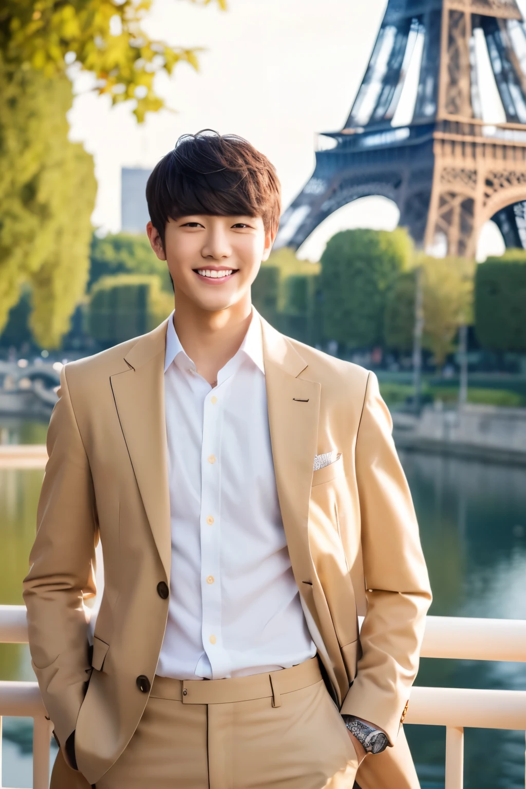 A young handsome Japanese man with a smile on his face。Wearing a white shirt and elegantly fitted beige trousers. In front of the Eiffel Tower. Paris. young man with short hair.best picture quality、masterpiece、Ultra-high resolution、(Photo realism：1.4)、Full body image. 8K、Super sharp、Light is real .Ultra high quality、tall gentleman、very beautiful hair、Bright photos .Handsome as a model、Handsome as an idol、Professional avatar、Professional portrait photos、Realistic portrait photos、Detailed color portrait、Idol portrait、High quality full body portrait photos。