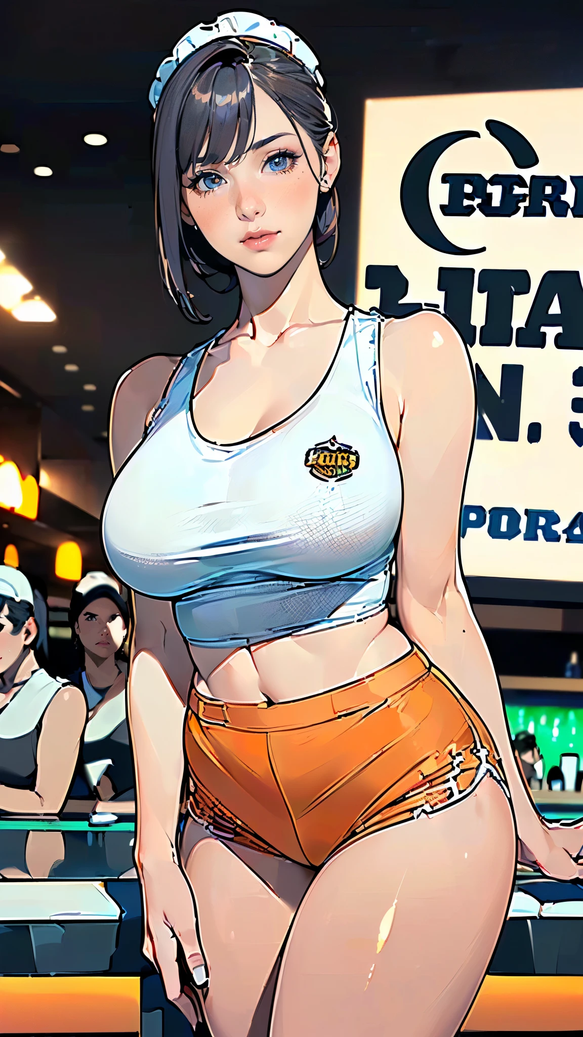 masterpiece,highest quality,Very detailed,High resolution,8k,wallpaper,Perfect lighting,break(One Woman),(Mature woman working as a waiter at a sports bar:1.5),(45 years old),(hooters),(((A very form fitting white tank top:1.5))),((The tank top has the logo of a sports bar on it.:1.5)),(((tiny orange shorts))),(((Very detailedなコスチュームの描画:1.5))),(Beautiful Eyes:1.5),(Detailed face drawing:1.5),(Detailed face drawing:1.5),((Very detailedな女性の手:1.5)),(Shiny skin:1.2),(Big Breasts:1.2),(Thick thighs:1.5),(Sensual body:1.5),(Sports bar background:1.5),(((Blur the background:1.5))),(((I'm embarrassed:1.5)))