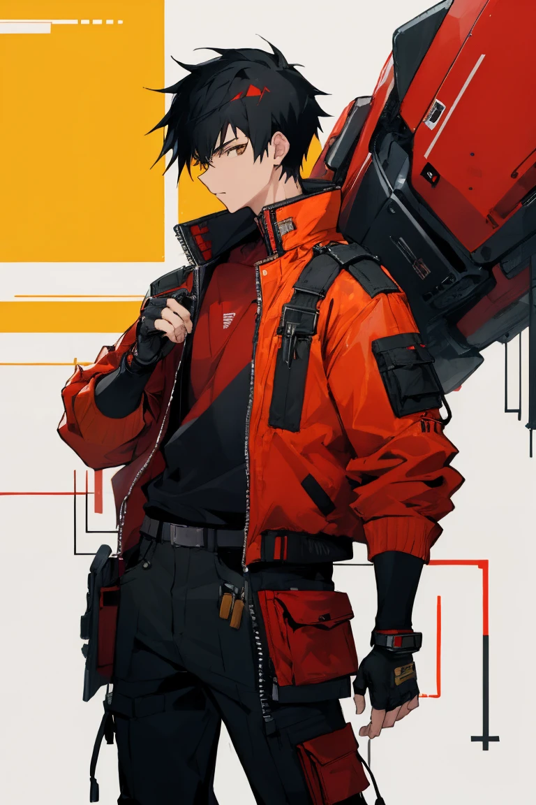 ((highest quality)), ((masterpiece)), (be familiar with), 1 male, alone, Black Hair,Spiky Hair,cargo pants,Red jacket,Yellow Shirt,Large,Fingerless Gloves, cyber punk,SF,